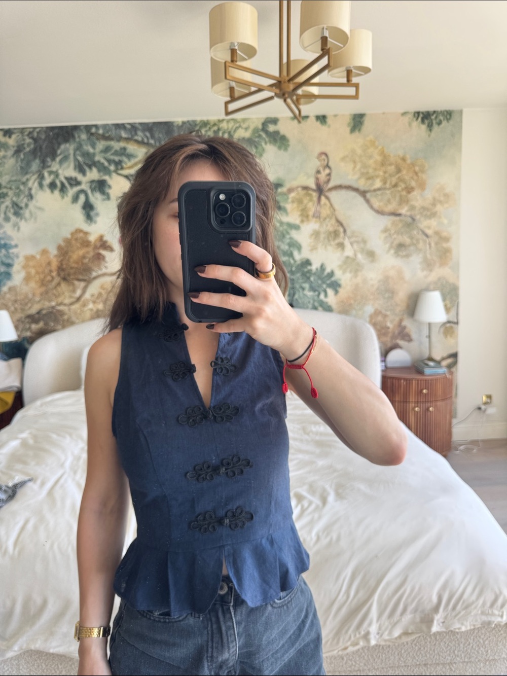 Sleeveless Navy Mandarin Collar Top with Frog Closures